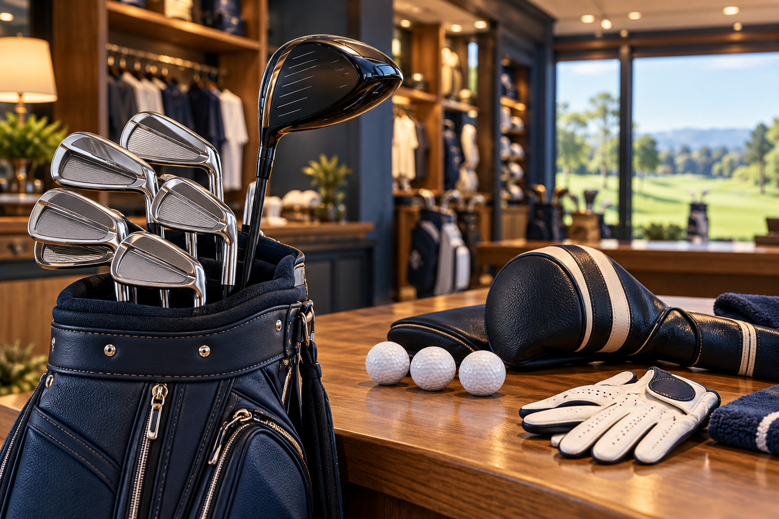 Original editorial illustration of golf retail equipment, bag and clubs